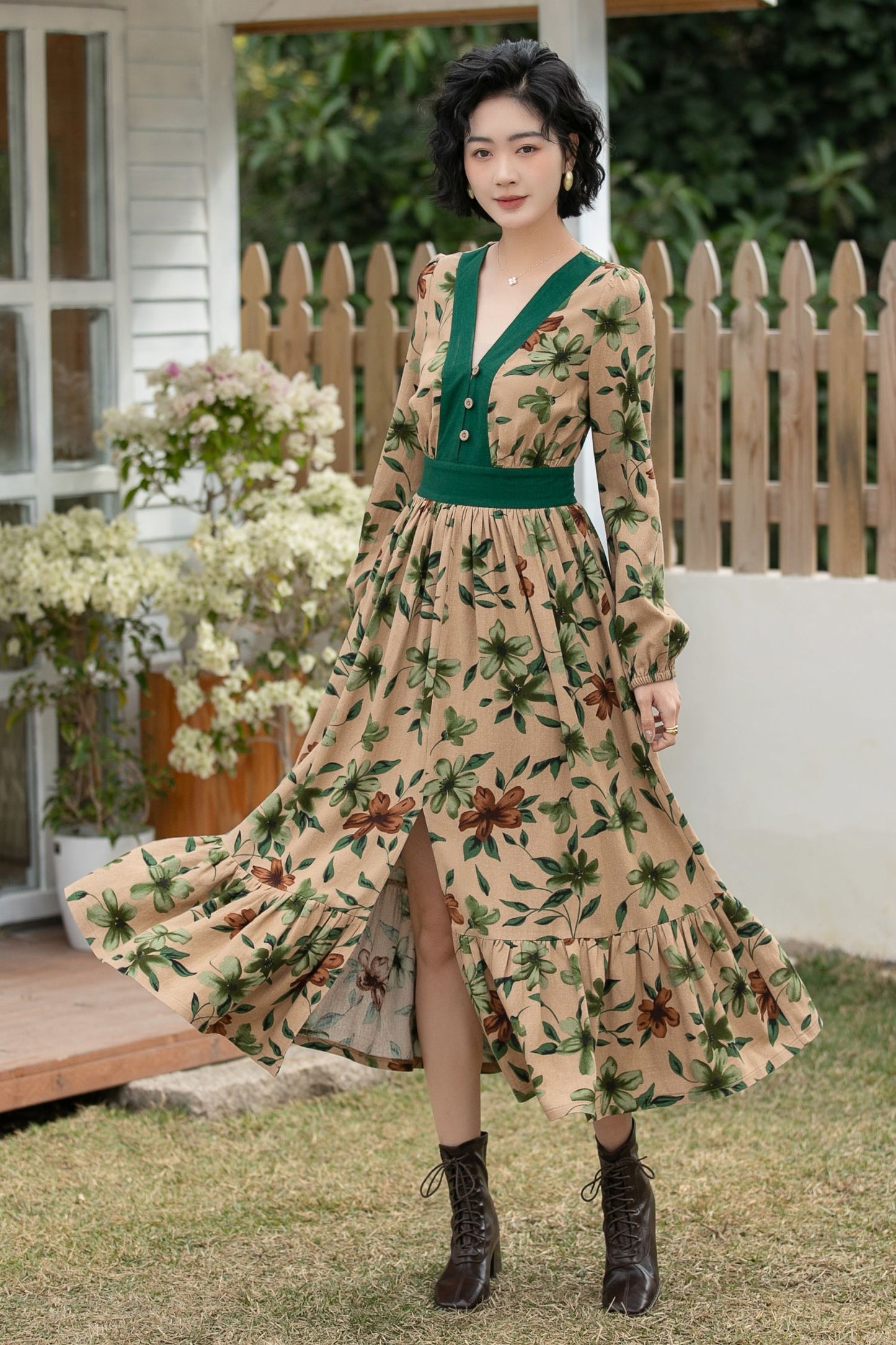 Xiaolizi Boho Linen Midi Dress – Vintage Contrast V Neck 6693