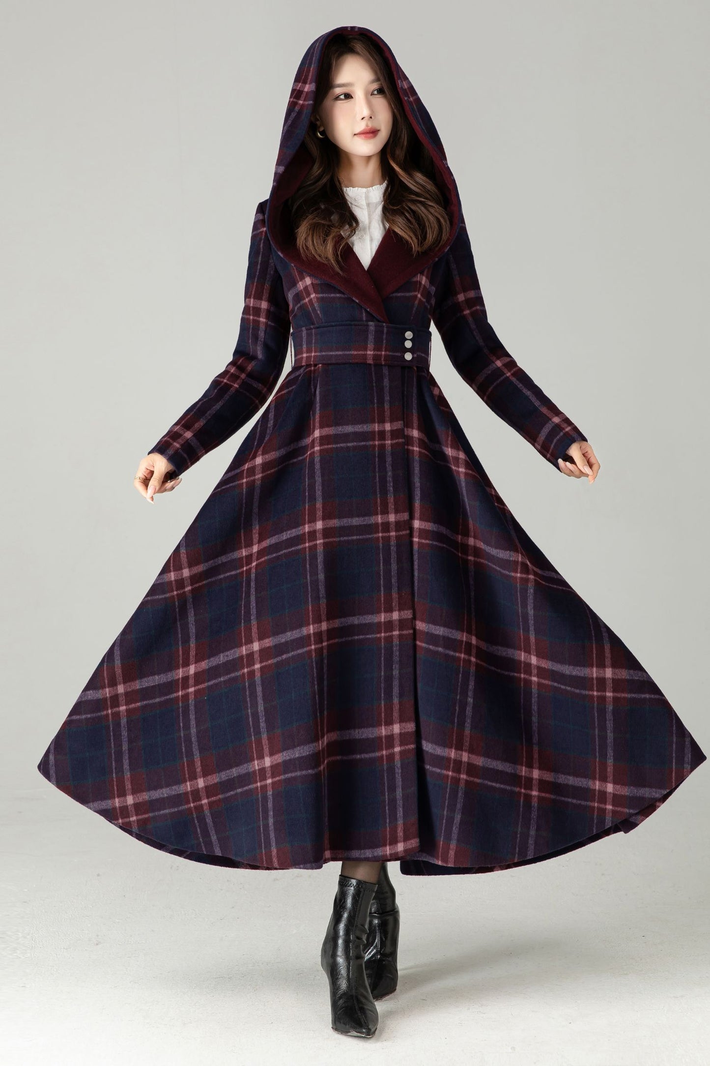 Plaid Hooded Wool Coat – A-Line Long Winter Coat with Contrast Lapel | Xiaolizi 6570