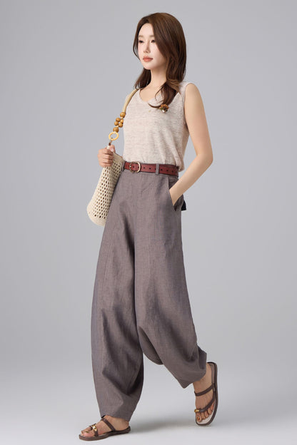 Charcoal Linen Pants - High Waist Lantern | Xiaolizi 6758