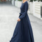Navy Blue Linen Maxi Dress – Vintage Fit and Flare Long Sleeve Dress 6660
