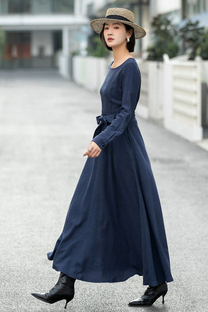 Navy Blue Linen Maxi Dress – Vintage Fit and Flare Long Sleeve Dress 6660