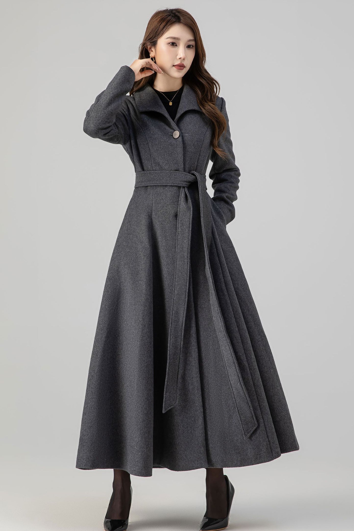Retro Long Gray Wool Swing Coat 4516