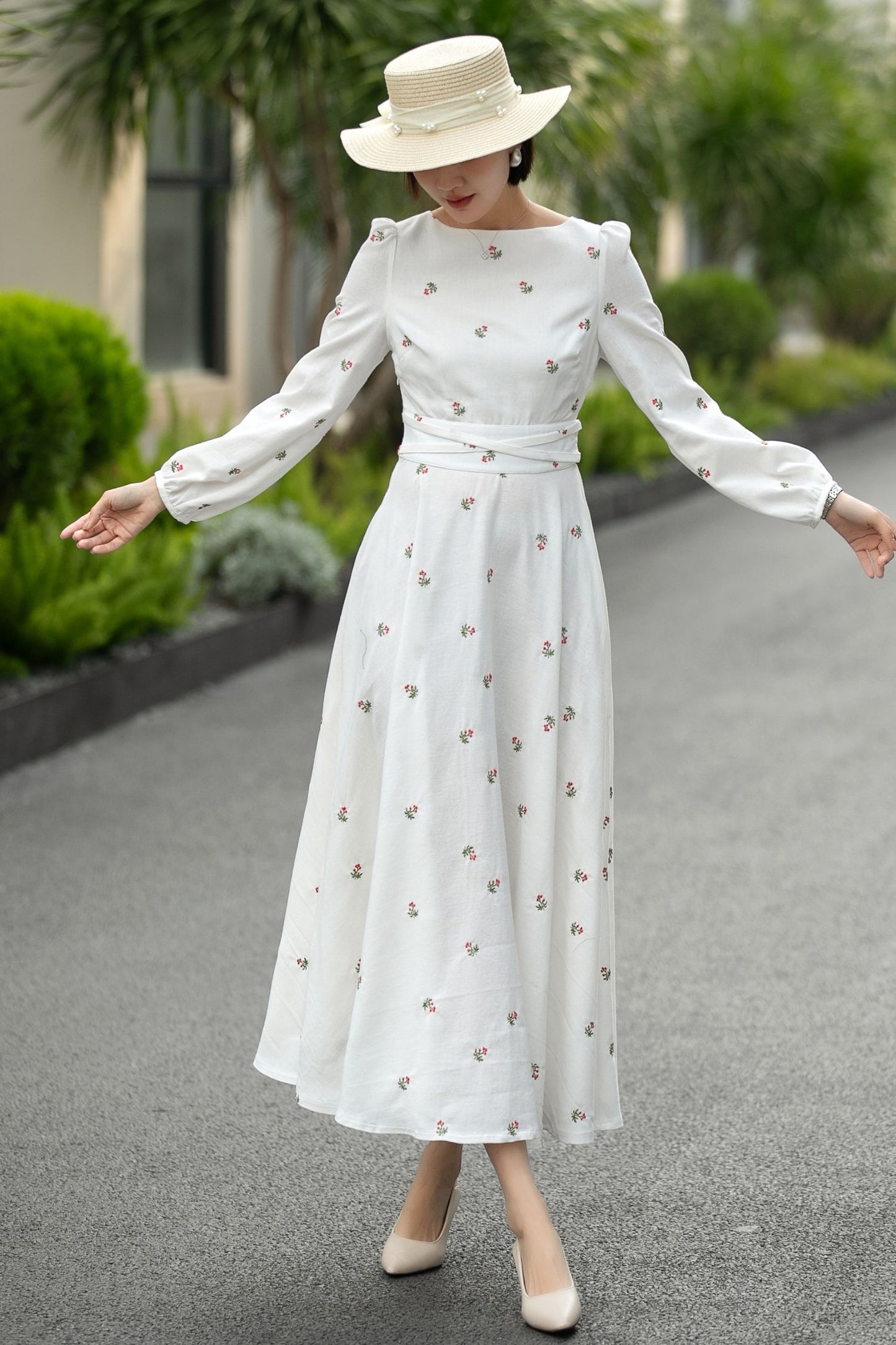 Handmade White Floral Linen Midi Dress – Vintage A-Line Long Sleeve Dress 6661