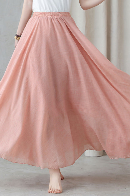 Pink Linen Maxi Skirt - Flowy Bohemian Circle Skirt 2745