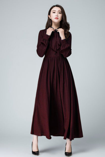 Burgundy Linen Maxi Dress – Vintage Long Sleeve Elegant Dress 6676