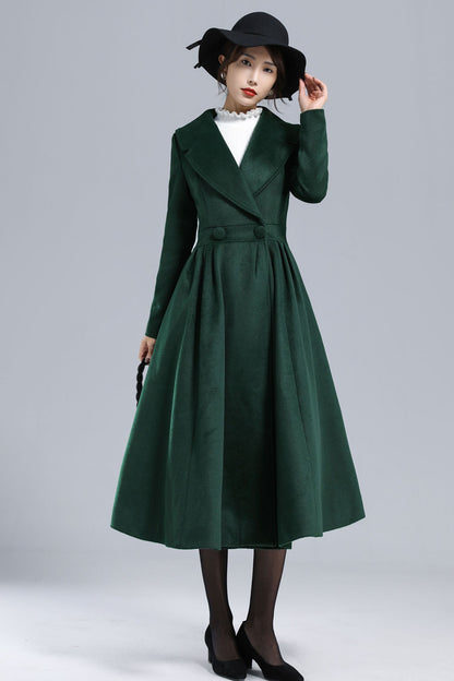 Vintage Princess Wool Coat – Handmade Dark Green Pleated Long Overcoat | Xiaolizi 3242