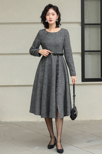 Grey Wool Midi Dress - Elegant A-Line Fit with Button Detail 6423