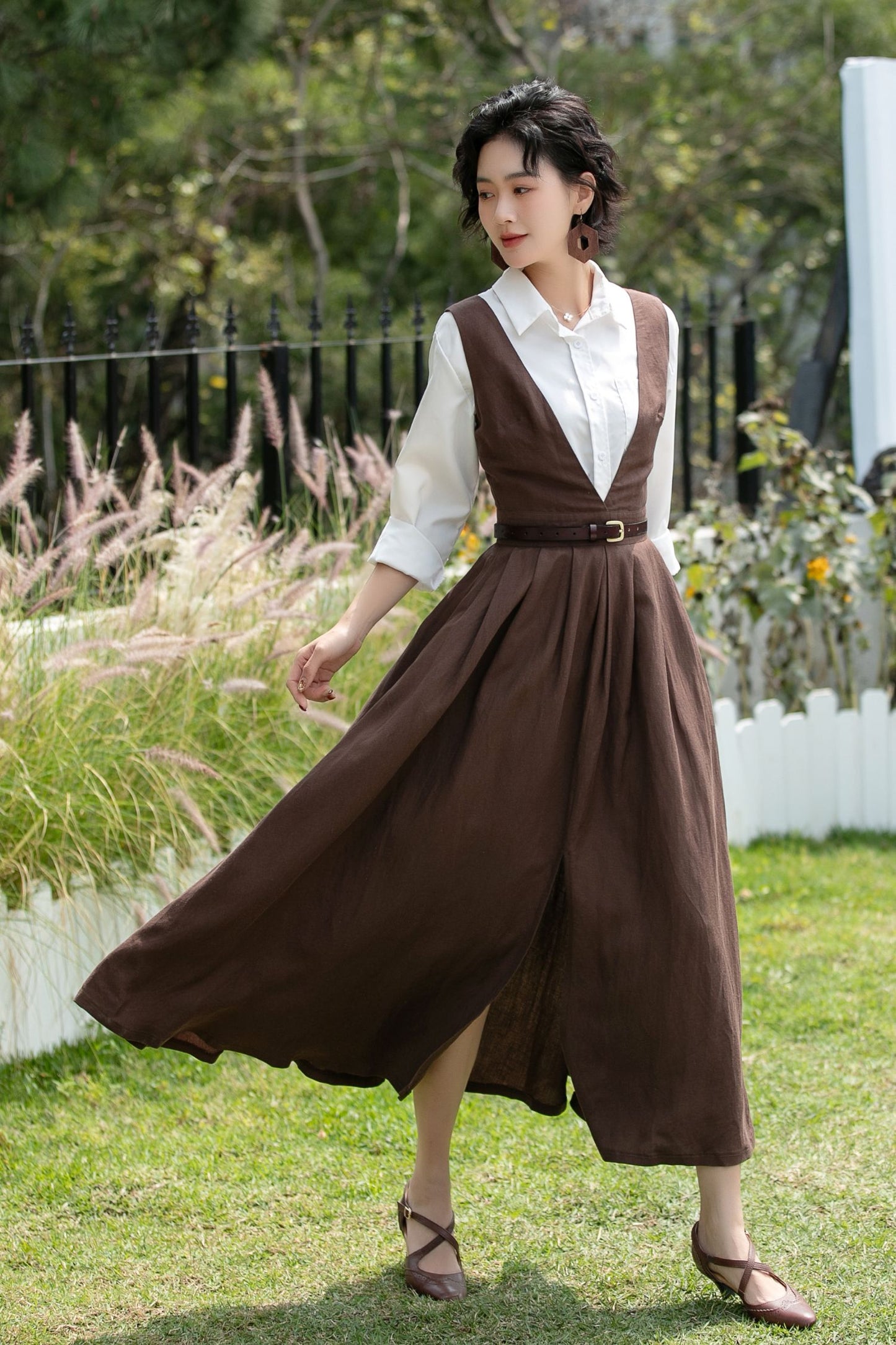 Brown Linen Cotton Pinafore Dress - Deep V Neck | Xiaolizi 6747