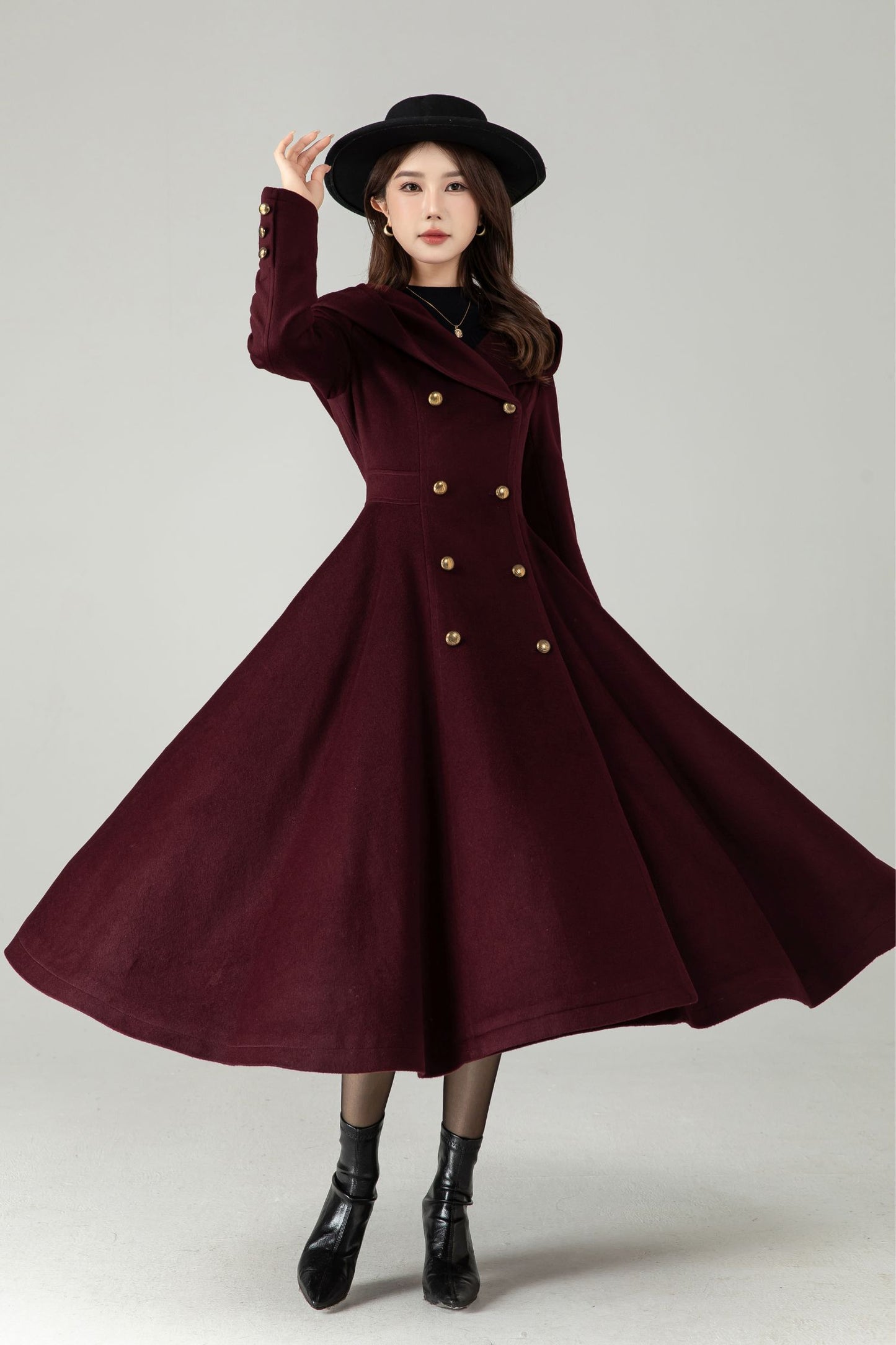 Hooded Burgundy Wool Coat – Elegant Double-Breasted Long Swing Coat | Xiaolizi 6573