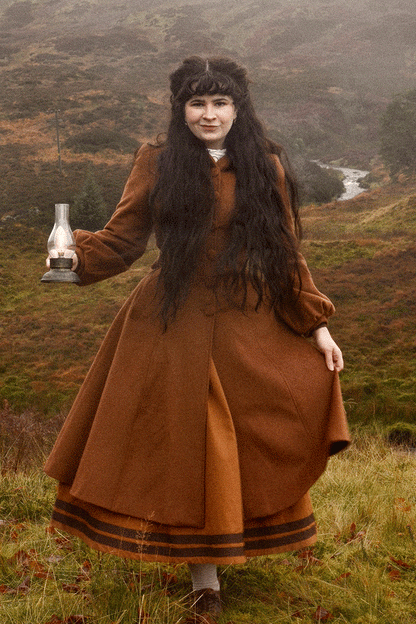 Brown Wool Blend Long Coat - Hooded with Lantern Sleeves 4736