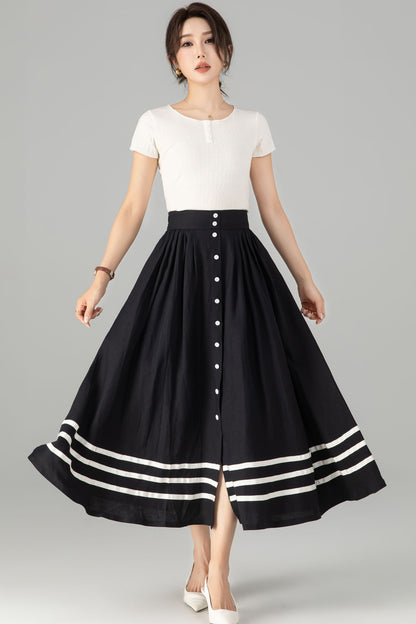 Stylish Button-Up Linen Skirt with Striped Hem 5712 -XS #CK2500362