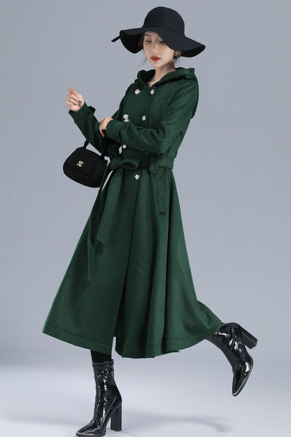 Emerald Green Wool Trench Coat - Hooded, Double Breasted, Mid-Calf Length 3212