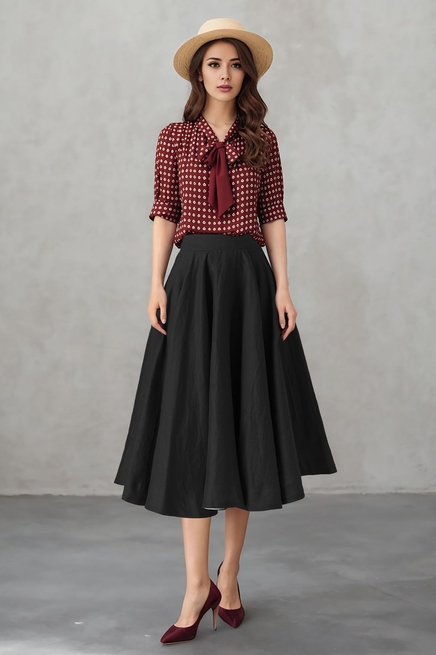 Black Linen Midi Skirt - High Waist A-Line | Xiaolizi 6753