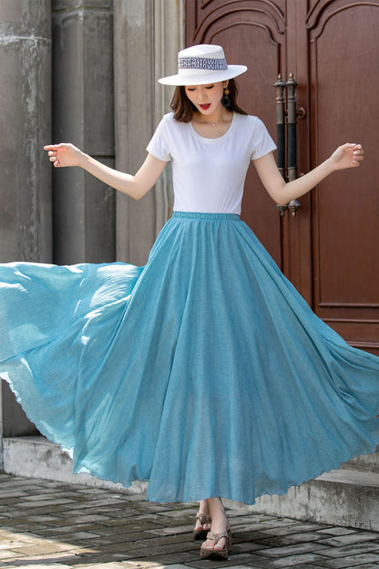 Blue Cotton-Linen Long Circle Skirt - Pleated Waist, Elastic Fit 4412