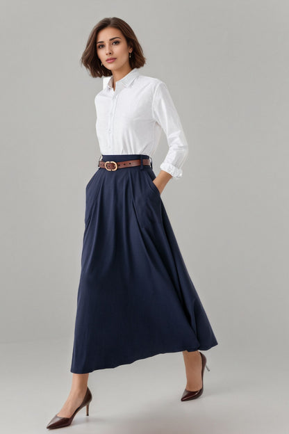 Handmade Cotton Blend A-Line Midi Skirt – Vintage High Waist Swing Skirt with Pockets 6302