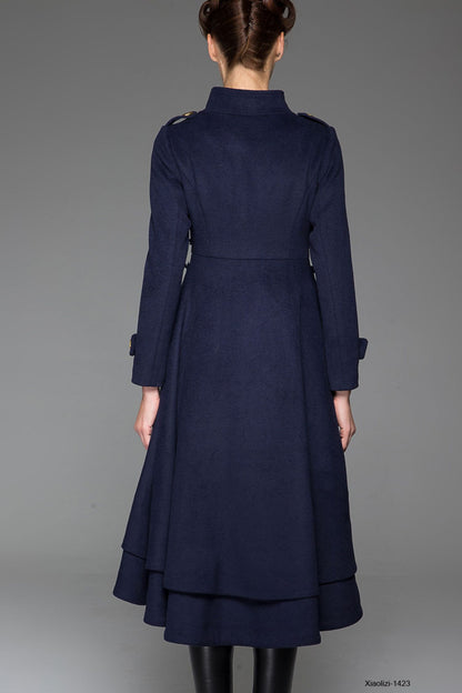 Navy Wool Coat - Asymmetrical Hem & Stand Collar 1423