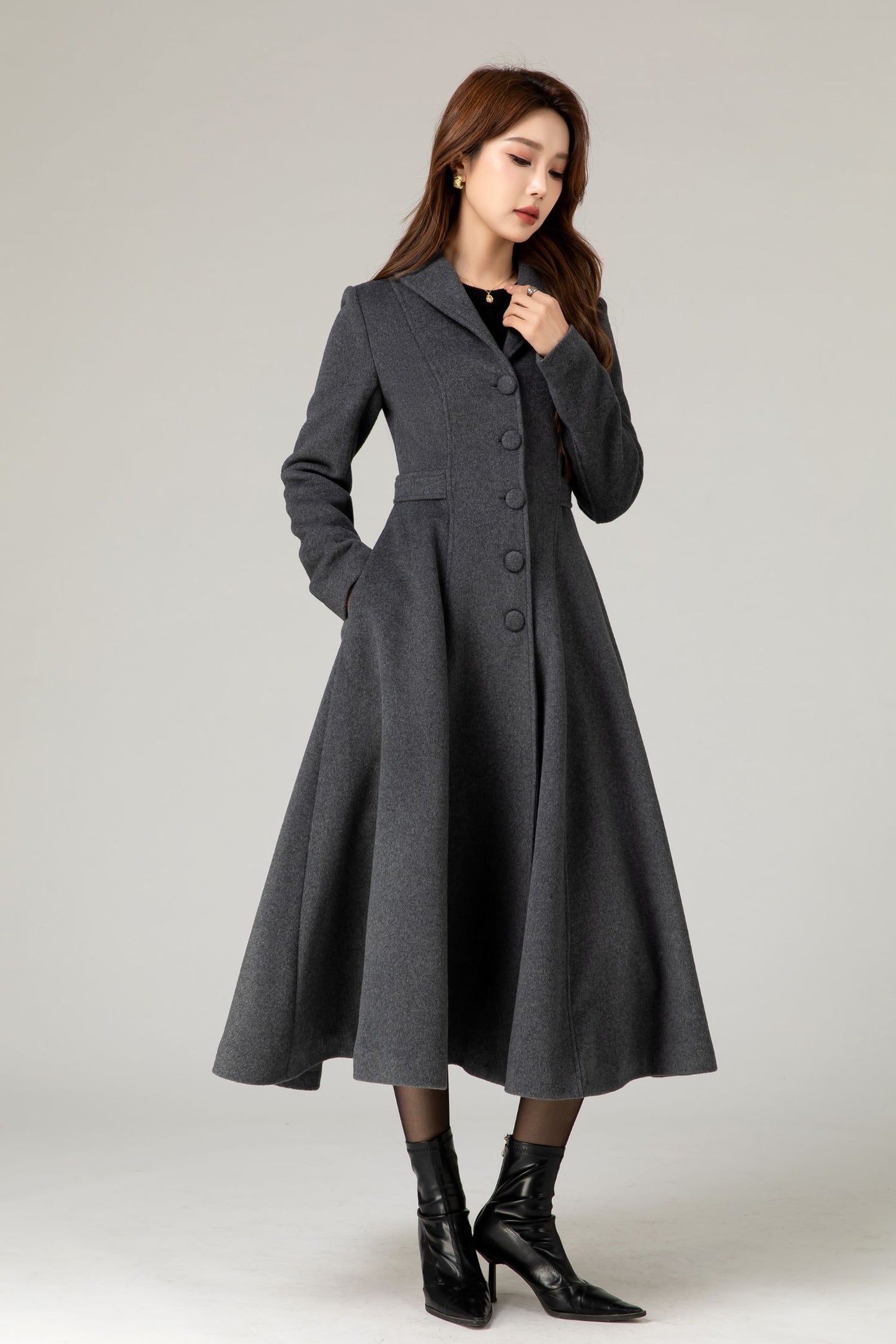 Gray winter long wool coat with pockets 5479