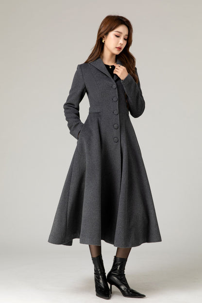 Handmade Charcoal Grey Wool Coat – Vintage Tailored A-line Long Winter Overcoat | Xiaolizi  5479