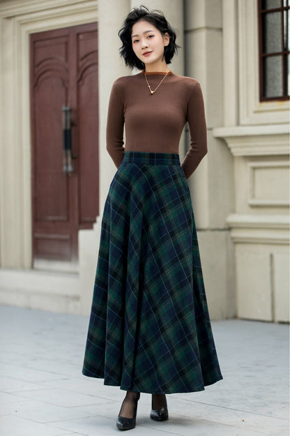 Plaid Wool Maxi Skirt – Vintage A-Line Winter Skirt with Pockets 5451