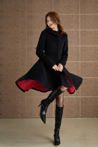 Black hooded winter wool coat  5363