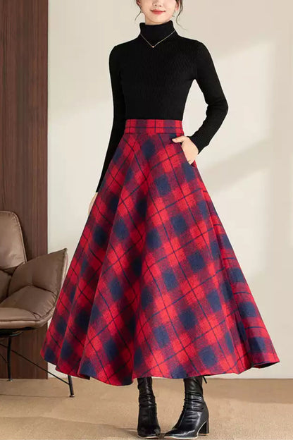 Maxi plaid winter long wool skirt 6200