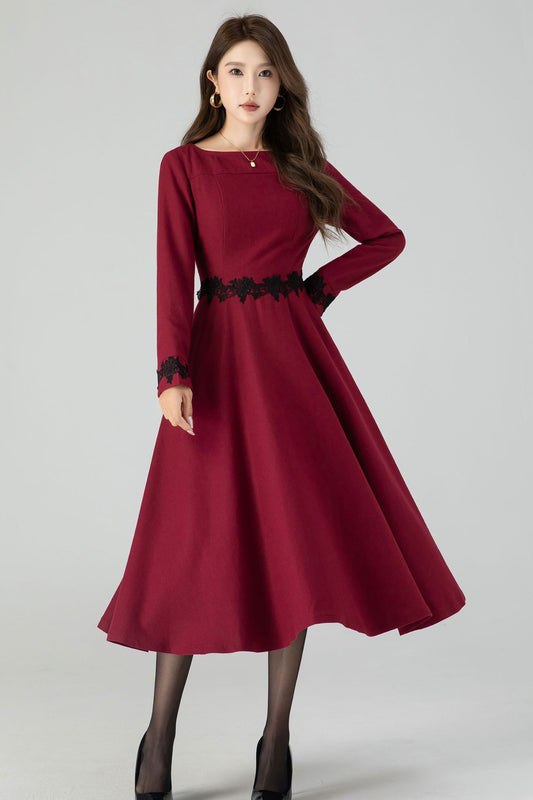 Burgundy midi winter wool dress with lace details 4544