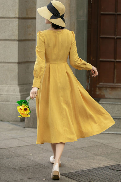 Spring A-Line Yellow Linen Dress women 5679