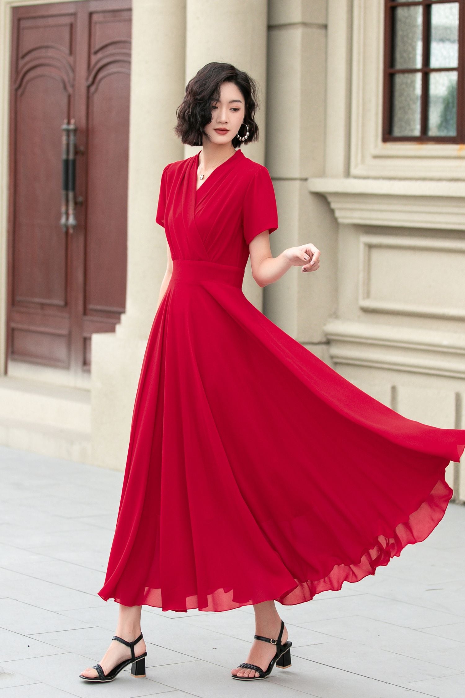red swing dress Red Chiffon V-Neck Swing Dress - Midi A-Line