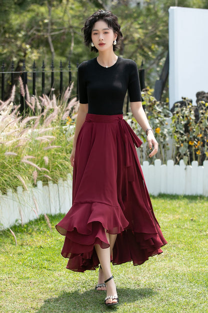 Chiffon Wrap Midi Skirt with Asymmetric Ruffle Hem | Xiaolizi 6742