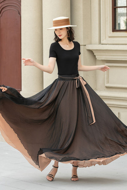 Black Chiffon Maxi Boho Skirt Women 5107