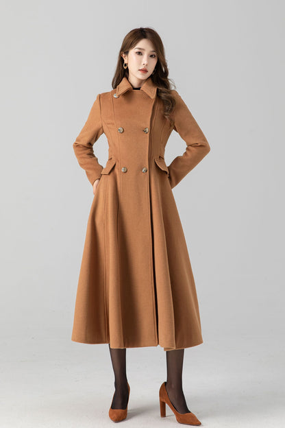 Camel Wool Swing Coat – Vintage Double Breasted Long Winter Overcoat 4668
