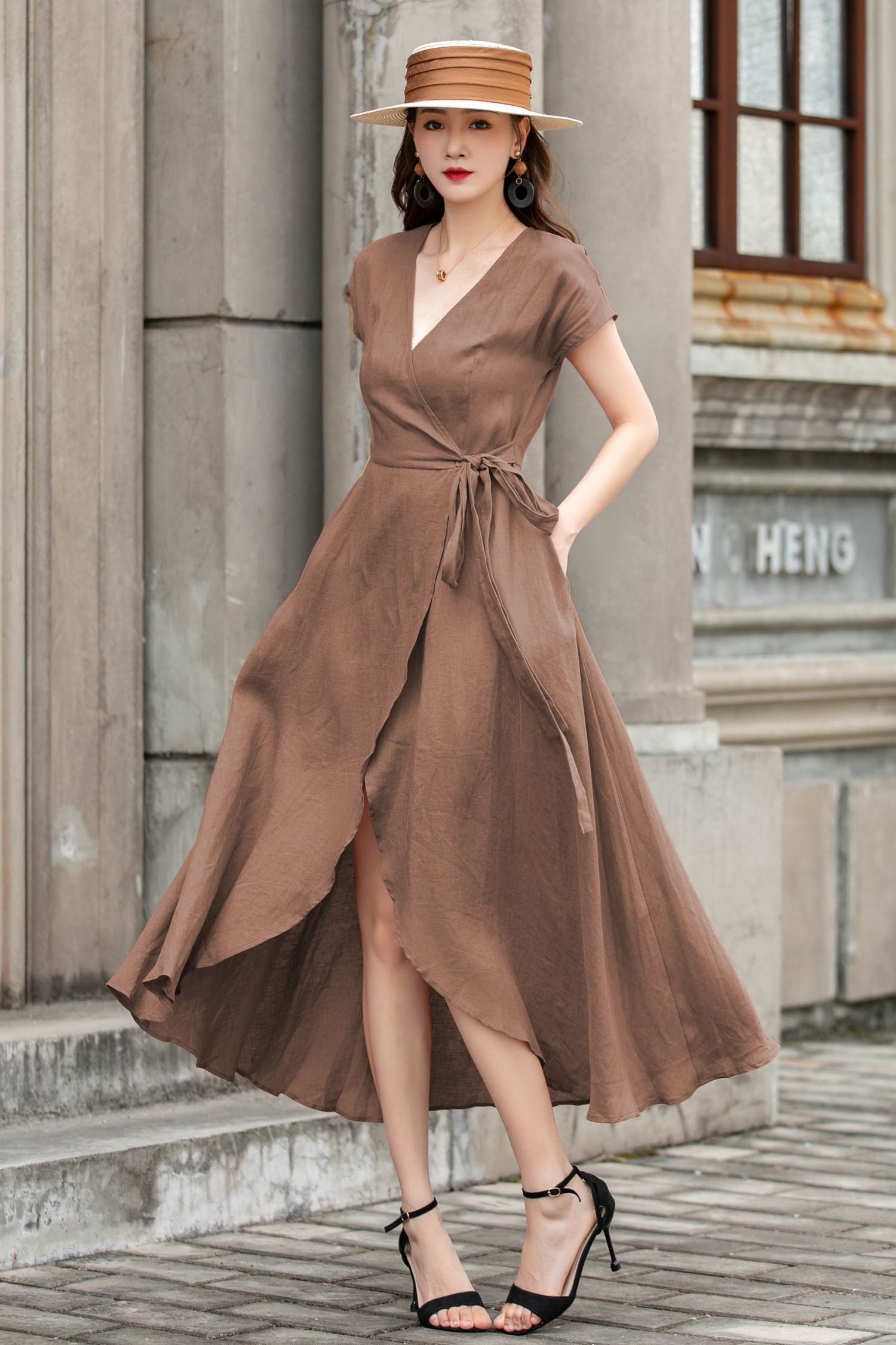 Brown Linen Wrap Dress Handmade Vintage Summer Style 5761 Brown / XS Brown Linen Wrap Dress Handmade Vintage Summer Style 5761 Brown / XS