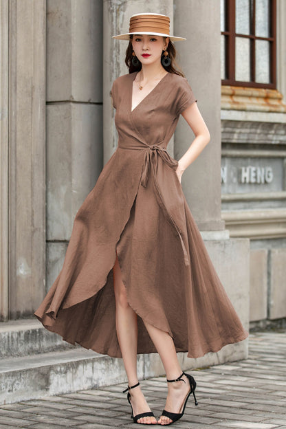 Brown Linen Wrap Dress – Handmade Summer Vintage Elegance 5761