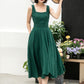 Stylish Deep Green A-Line Linen Suspender Dress with Square Neckline 5860
