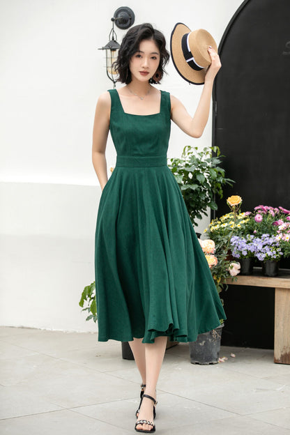 Green Linen Cotton Midi Dress - A-Line Square Neck Pockets | Xiaolizi 5860