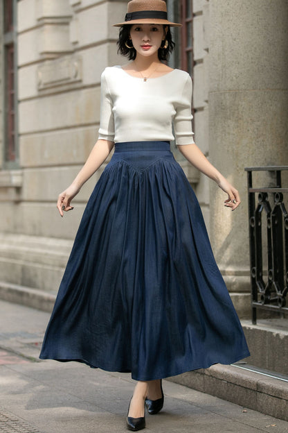 Navy Cotton Maxi Skirt - High Waist Pleated Two Pockets | Xiaolizi 5688
