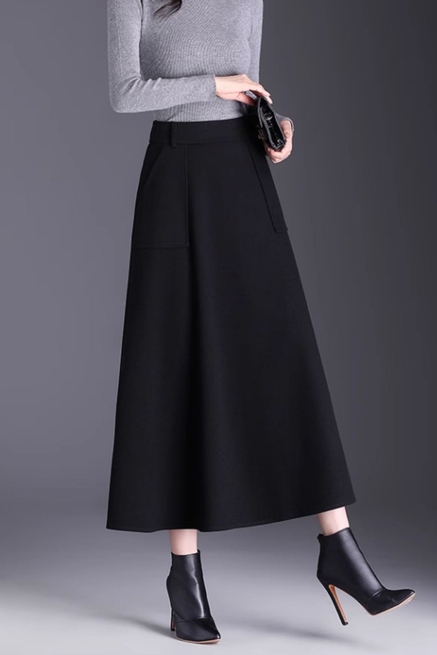 Brown Wool A-Line Midi Skirt with Pockets - Winter Warmth 6141