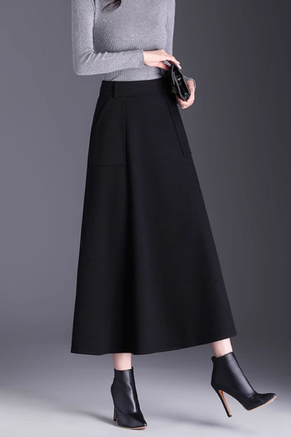 Brown Wool A-Line Midi Skirt with Pockets - Winter Warmth 6141