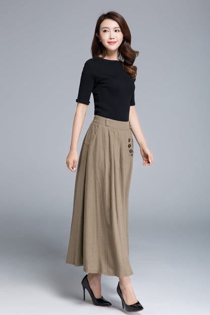 Khaki long maxi skirt with pleated and button detail 1671