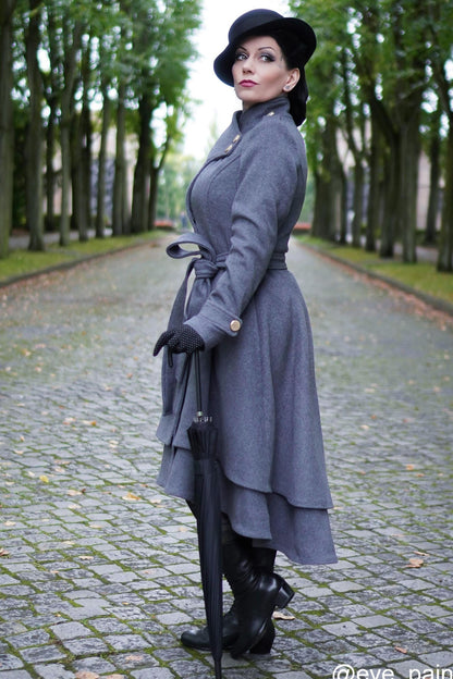 Grey Wool Coat - Tiered Hem, Self Tie Waist 2408