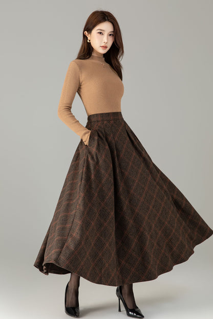 Handmade Wool Blend Plaid Skirt – Vintage Long A-Line Maxi for Autumn Winter 6505