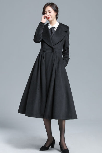 Vintage Black Wool Blend Coat – Elegant Double-Breasted Fit & Flare Maxi Coat | Xiaolizi 3130