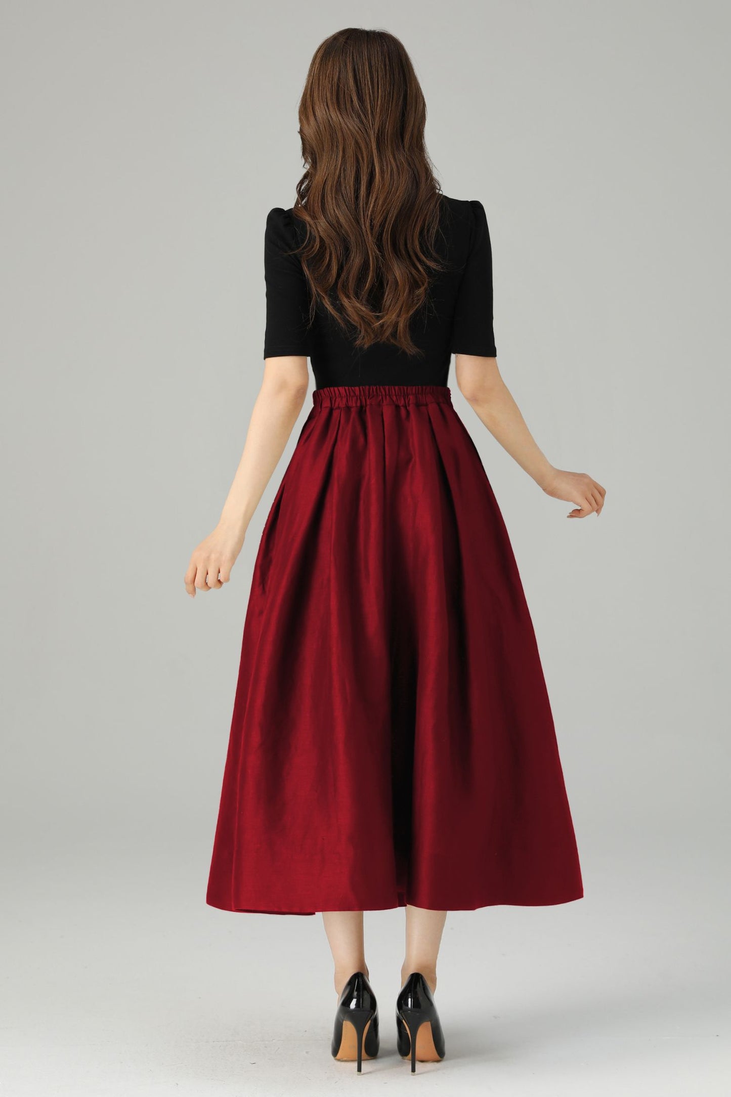 Red Linen Midi Skirt: Retro High Waisted A-Line Pleated Skirt 6714