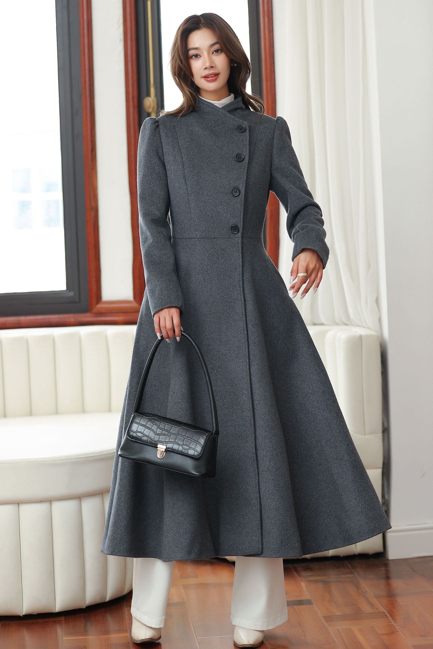 Dark Gray Wool Long Coat Vintage A-Line Winter Overcoat 4027 Grey / XS Dark Gray Wool Long Coat Vintage A-Line Winter Overcoat 4027 Grey / XS