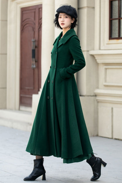 Elegant Winter Wool Coat – Dark Green Double Breasted A-Line – 5452
