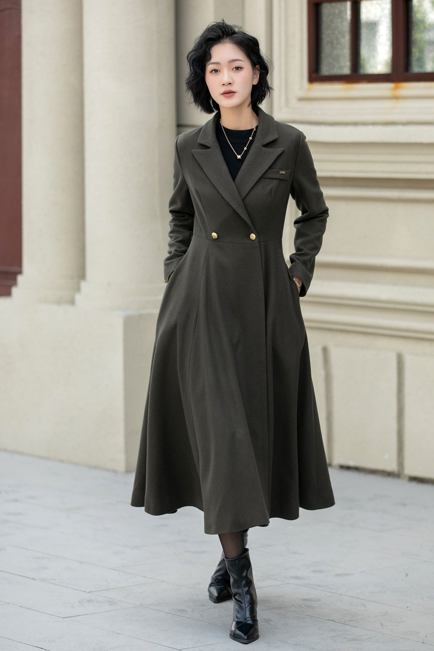 Army green double breasted winter wool coat 5459