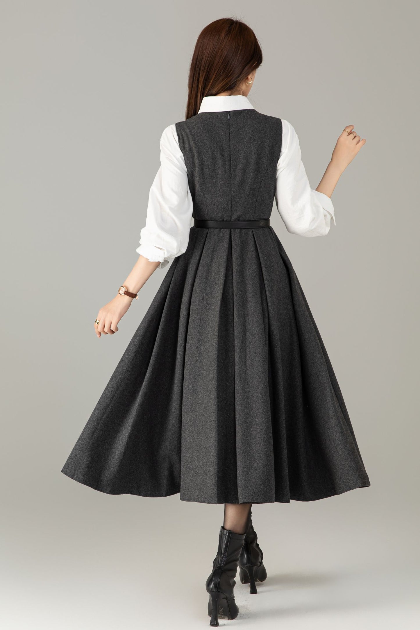 Handmade Wool Blend A-Line Midi Dress – Vintage Winter Swing Style | Xiaolizi 6498