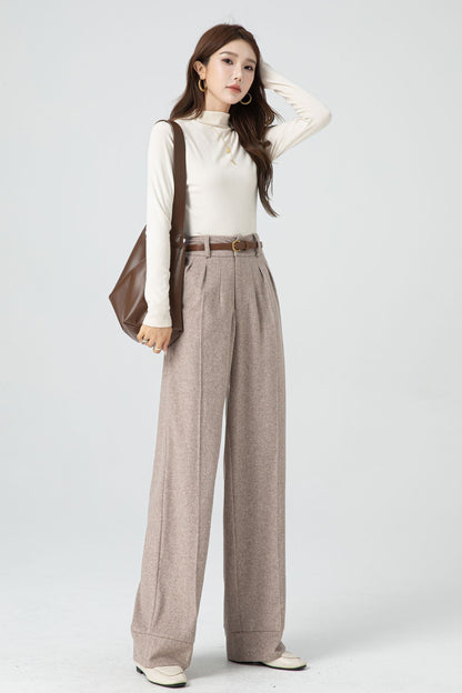 Handmade Beige Wool Wide-Leg Pants – Vintage High-Waist Winter Trousers | Xiaolizi 5324