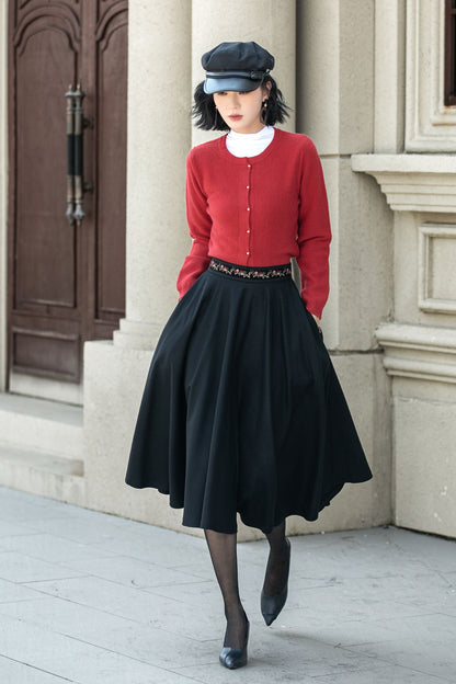 Vintage Black Wool Midi Skirt – Embroidered Waist Circle Skirt  5310