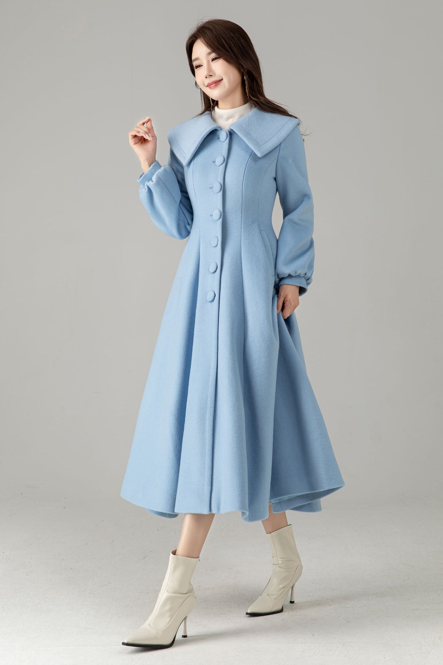 Sky Blue Wool Princess Coat – Vintage Fit and Flare Swing Winter Coat | Xiaolizi 6576